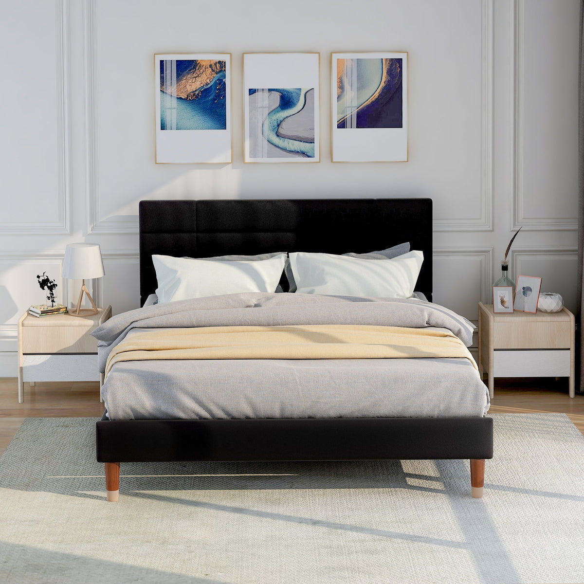 Upholstered bed, double with slatted frame 140x200cm, black linen