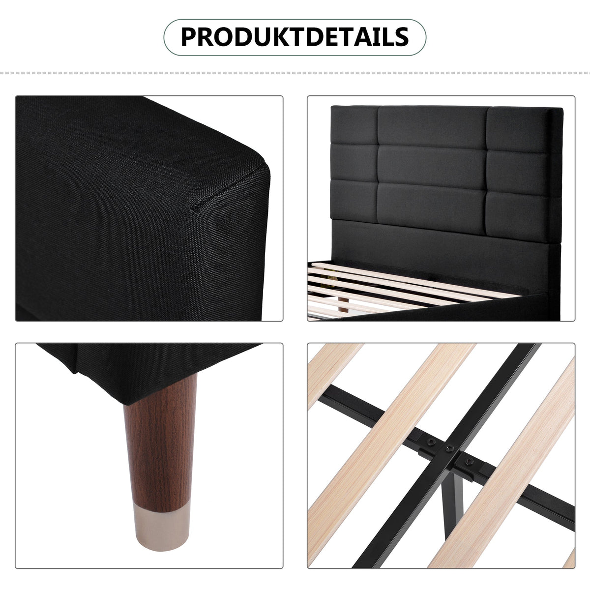 Upholstered Double Bed, 140x200cm with Headboard, Black Linen