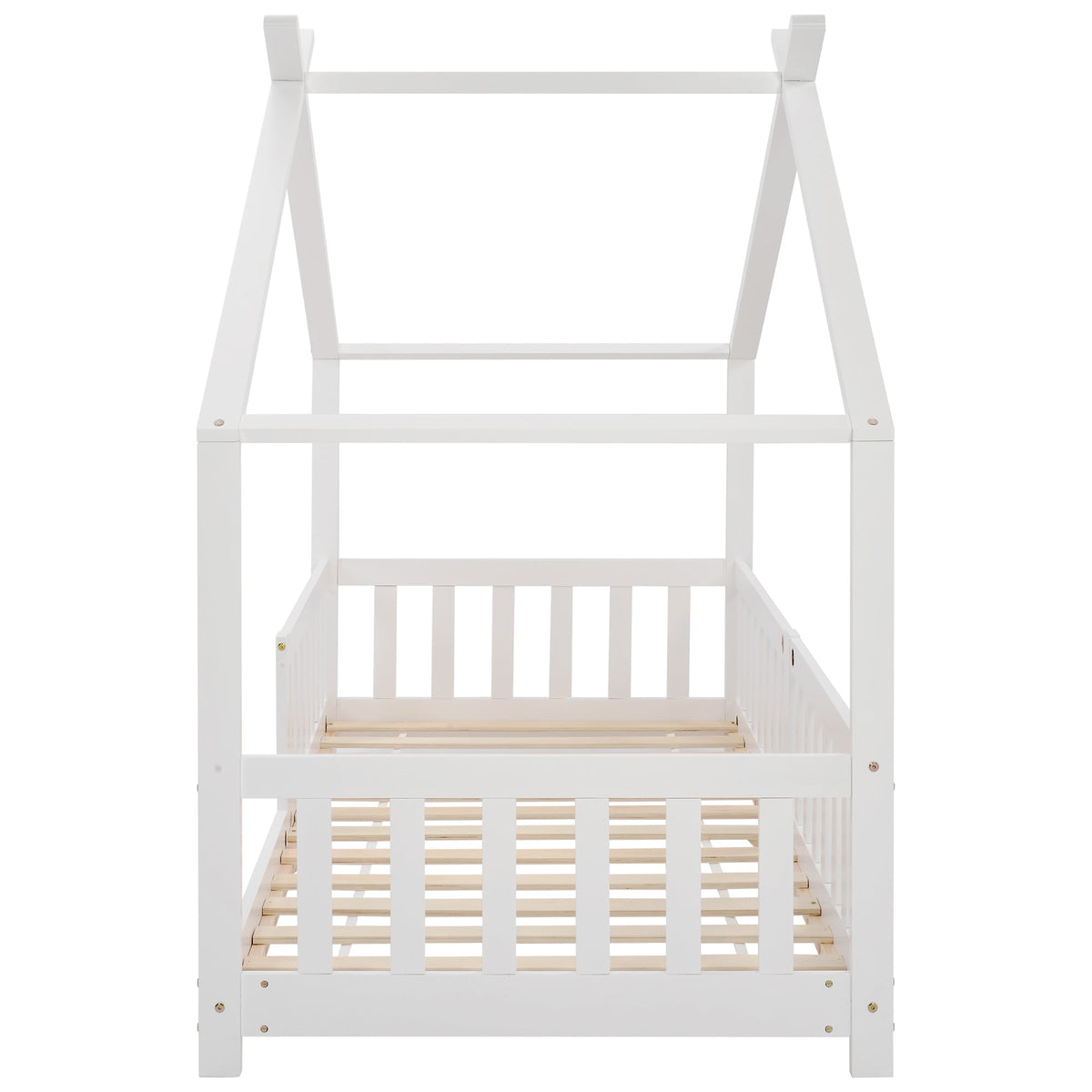 House Bed, Solid Wood with Fence & Slatted Frame, Fall Protection, White