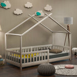 House Bed, Solid Wood with Fence & Slatted Frame, Fall Protection, White