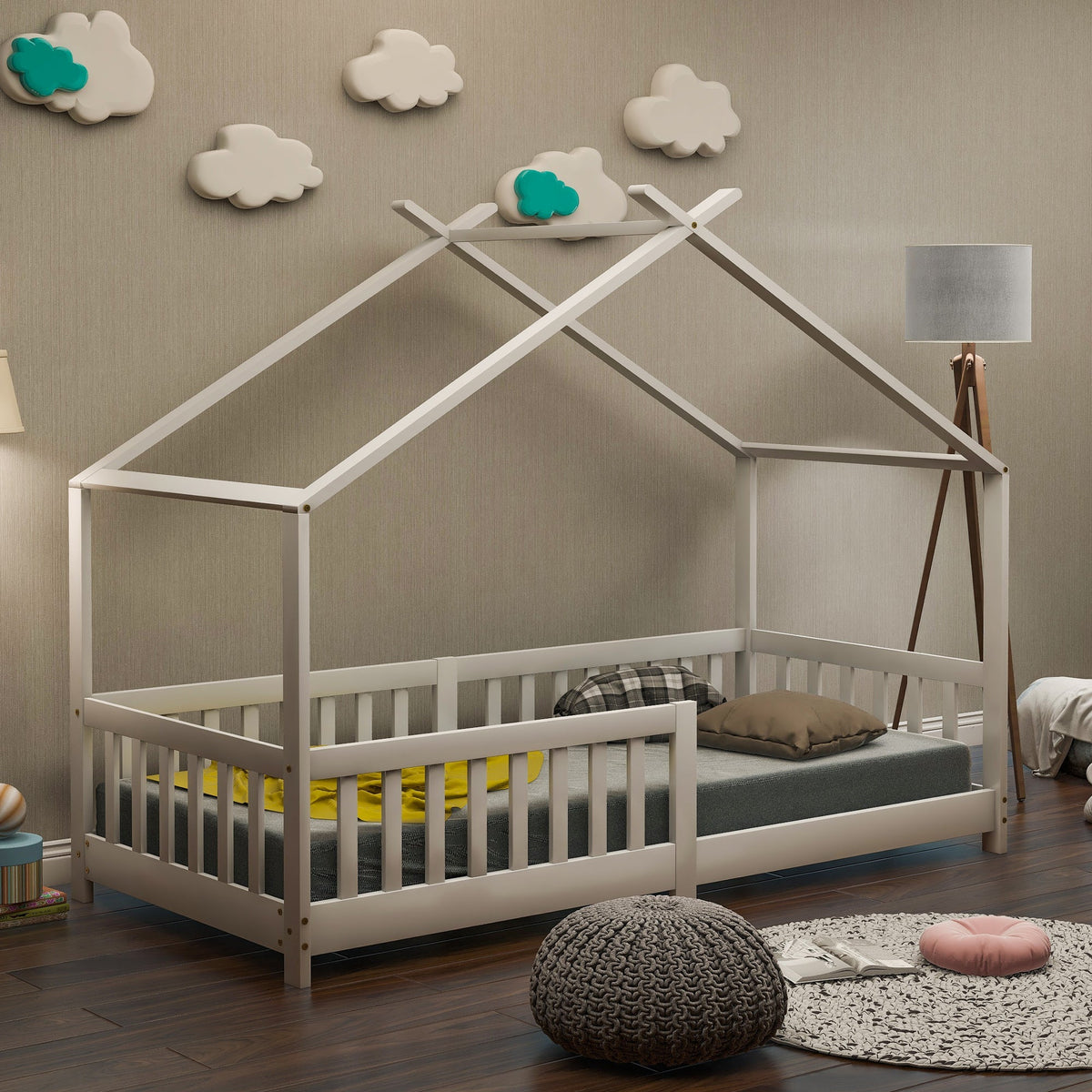 House Bed, Solid Wood with Fence & Slatted Frame, Fall Protection, White