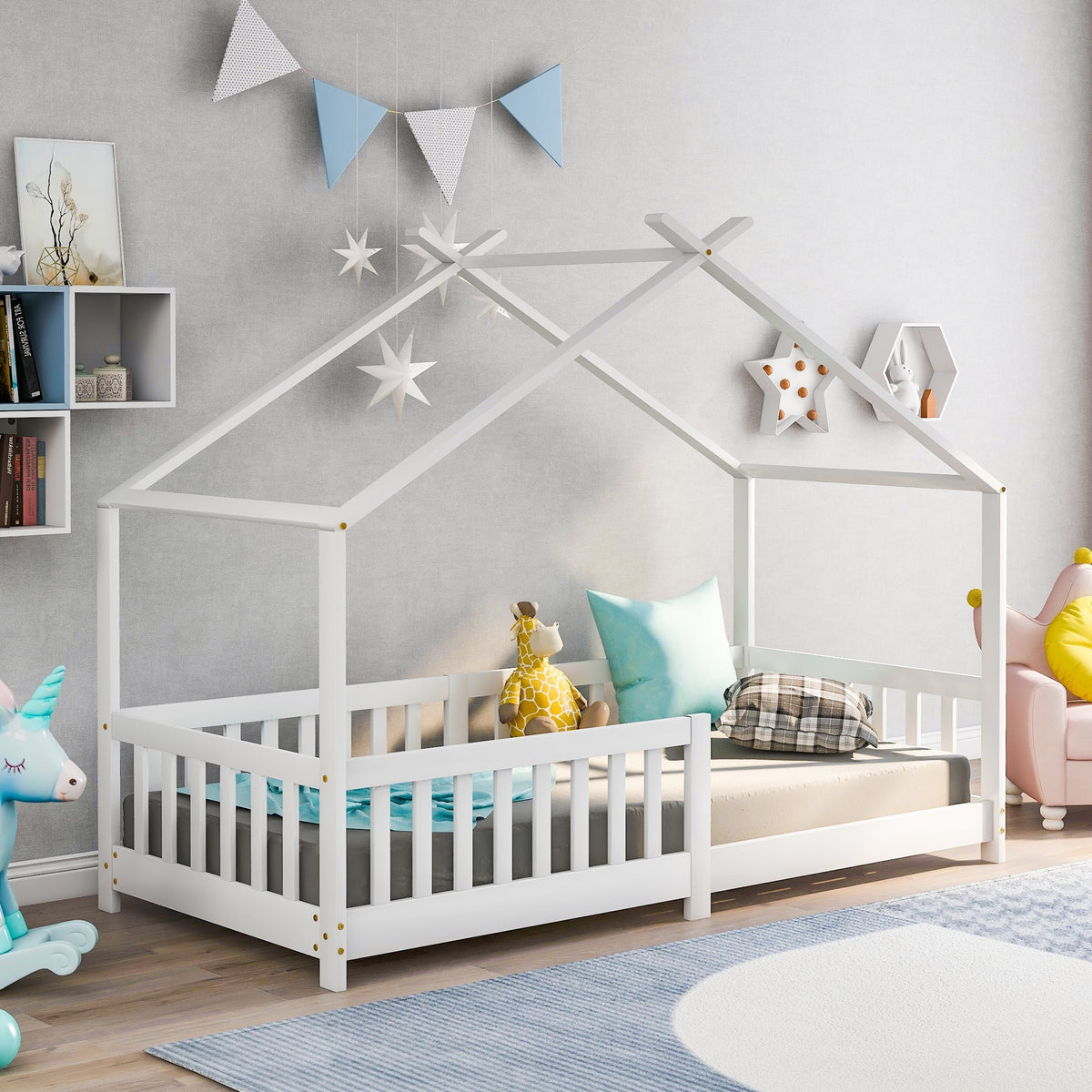 House Bed, Solid Wood with Fence & Slatted Frame, Fall Protection, White