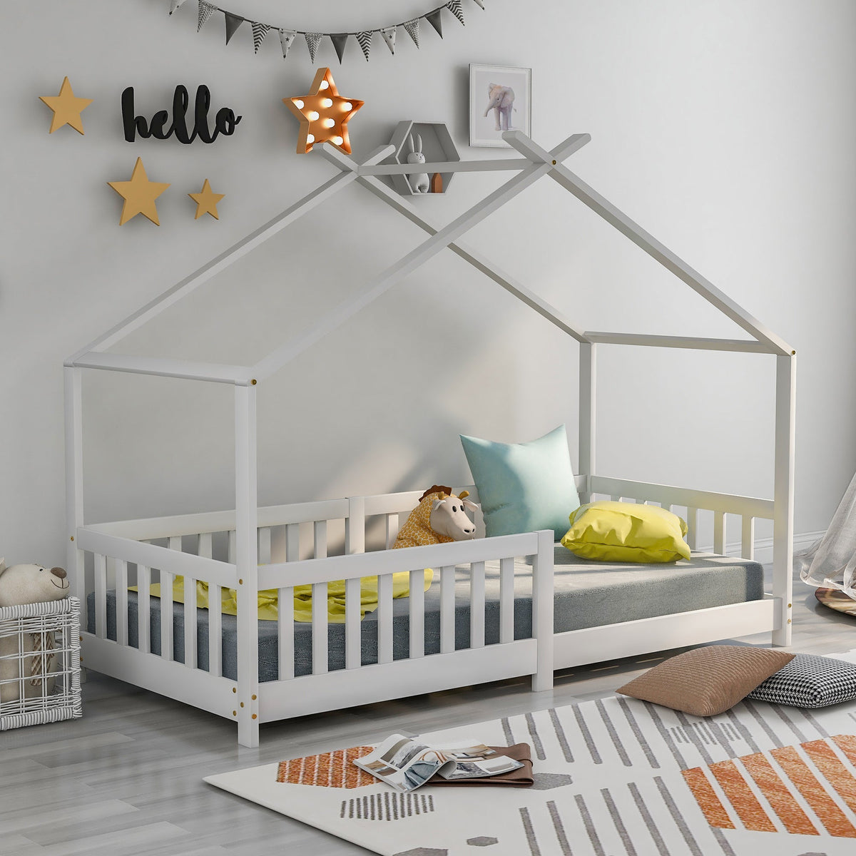House Bed, Solid Wood with Fence & Slatted Frame, Fall Protection, White