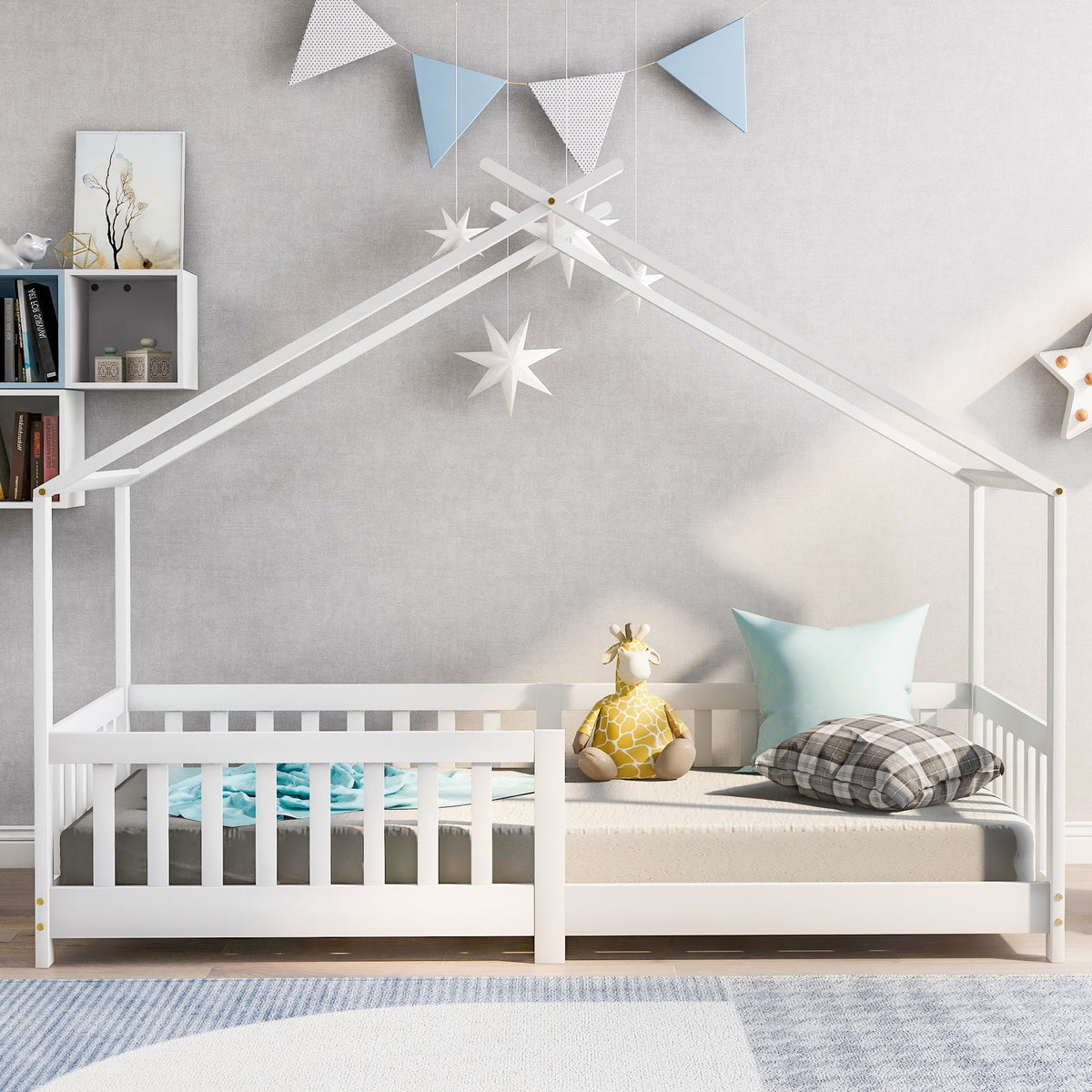 House Bed, Solid Wood with Fence & Slatted Frame, Fall Protection, White