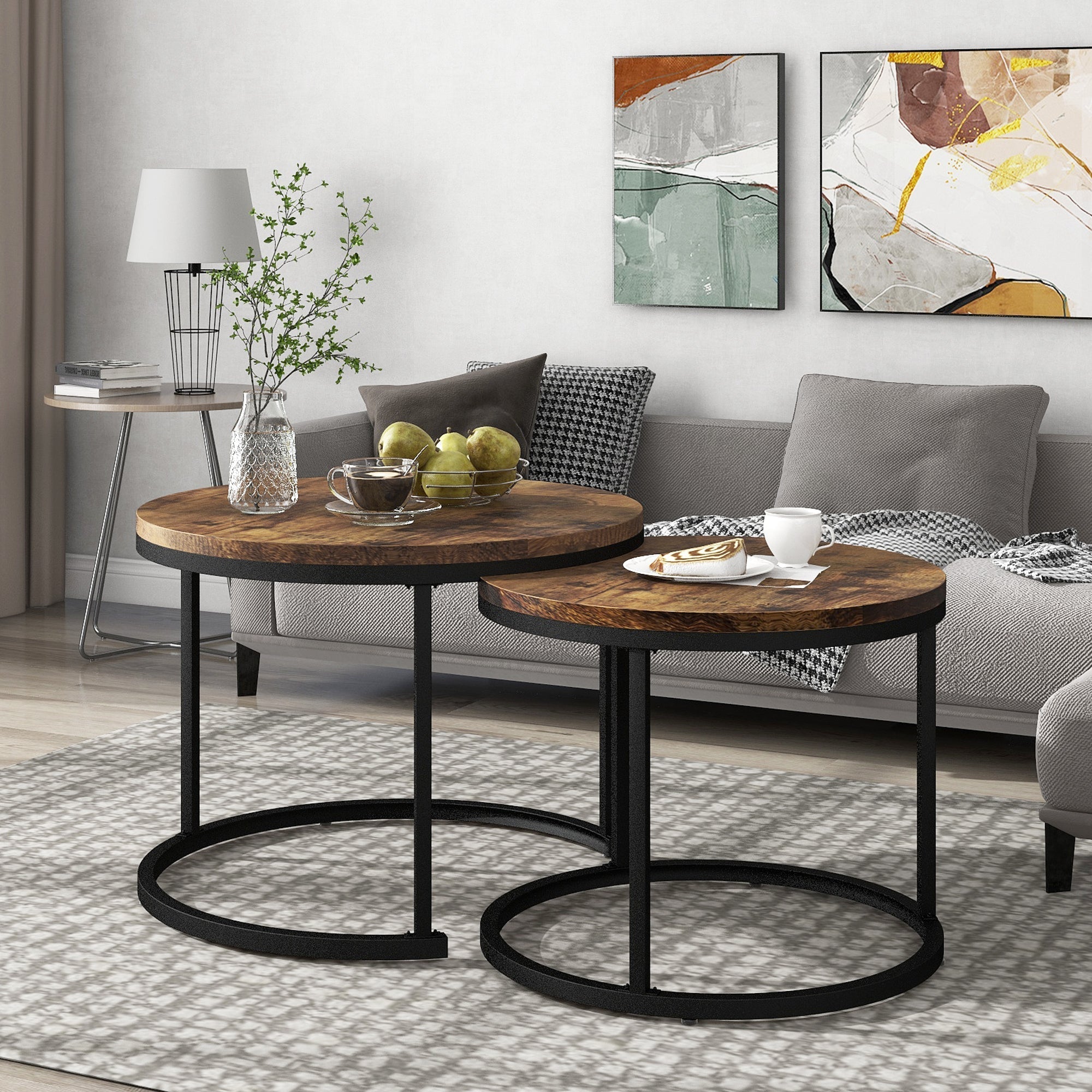 Round Coffee Table Set of 2, Nested Side Table, Brown