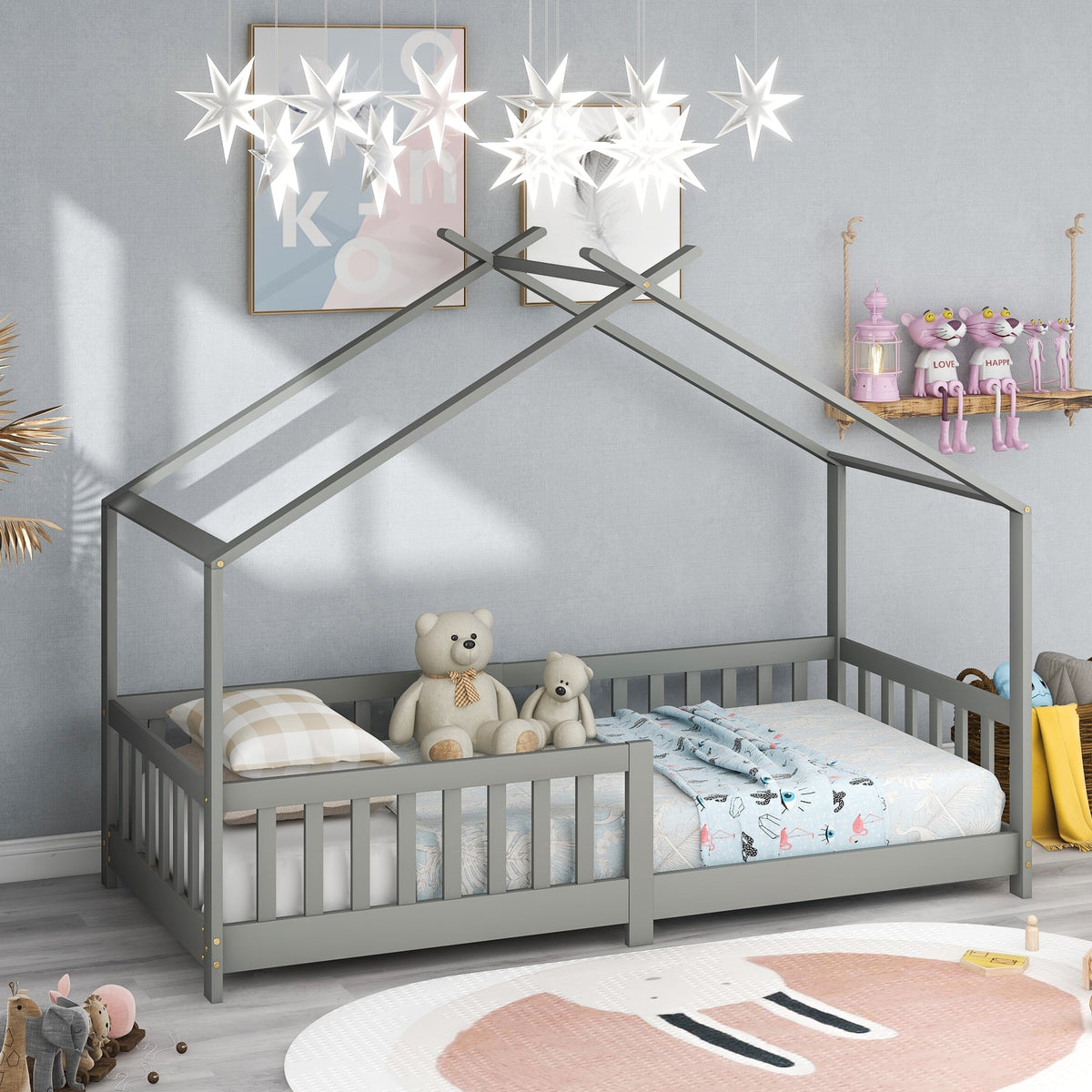 House Bed, Solid Wood with Fence & Fall Protection, Gray