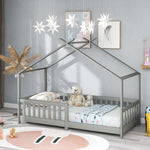 House Bed, Solid Wood with Fence & Fall Protection, Gray