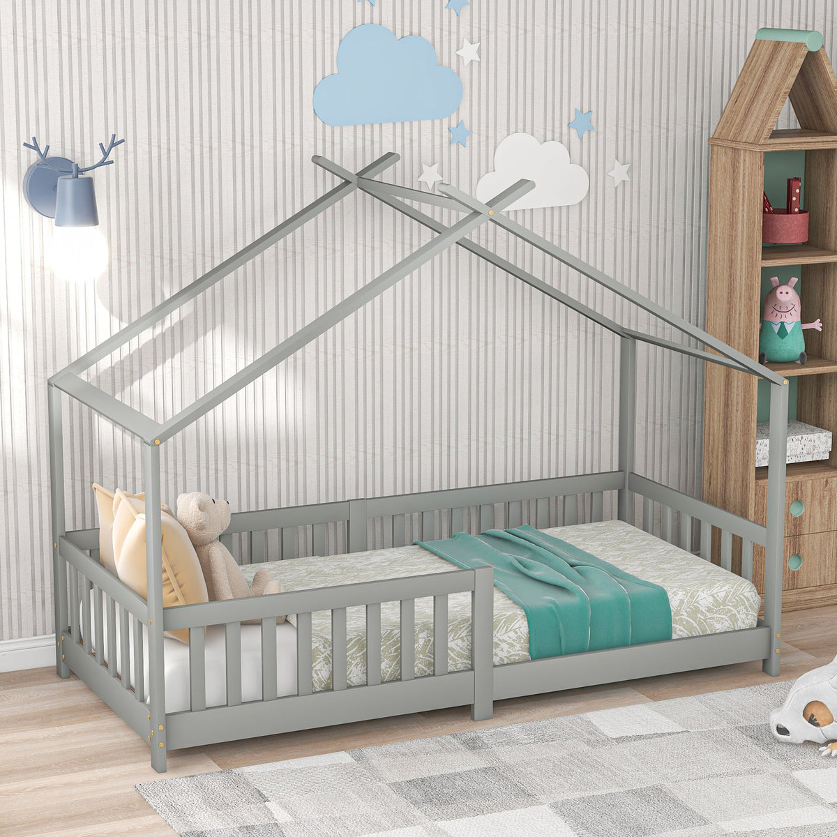 House Bed, Solid Wood with Fence & Fall Protection, Gray