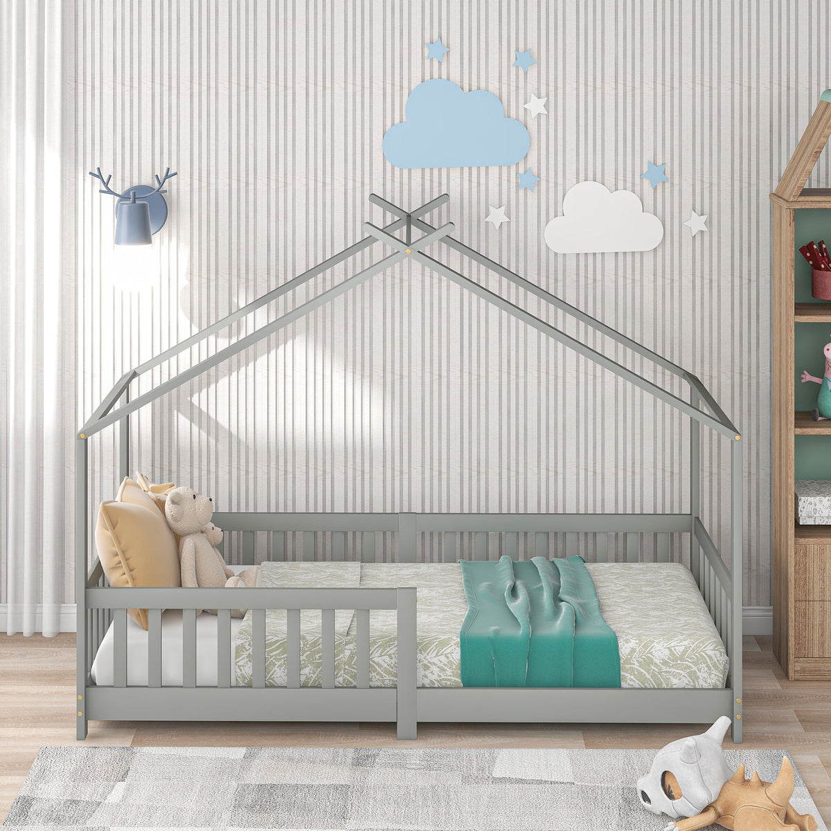 House Bed, Solid Wood with Fence & Fall Protection, Gray
