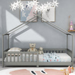House Bed, Solid Wood with Fence & Fall Protection, Gray