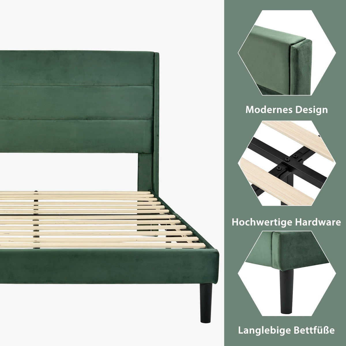 Upholstered Bed 140x200cm with Slatted Frame & Headboard, Velvet Dark Green