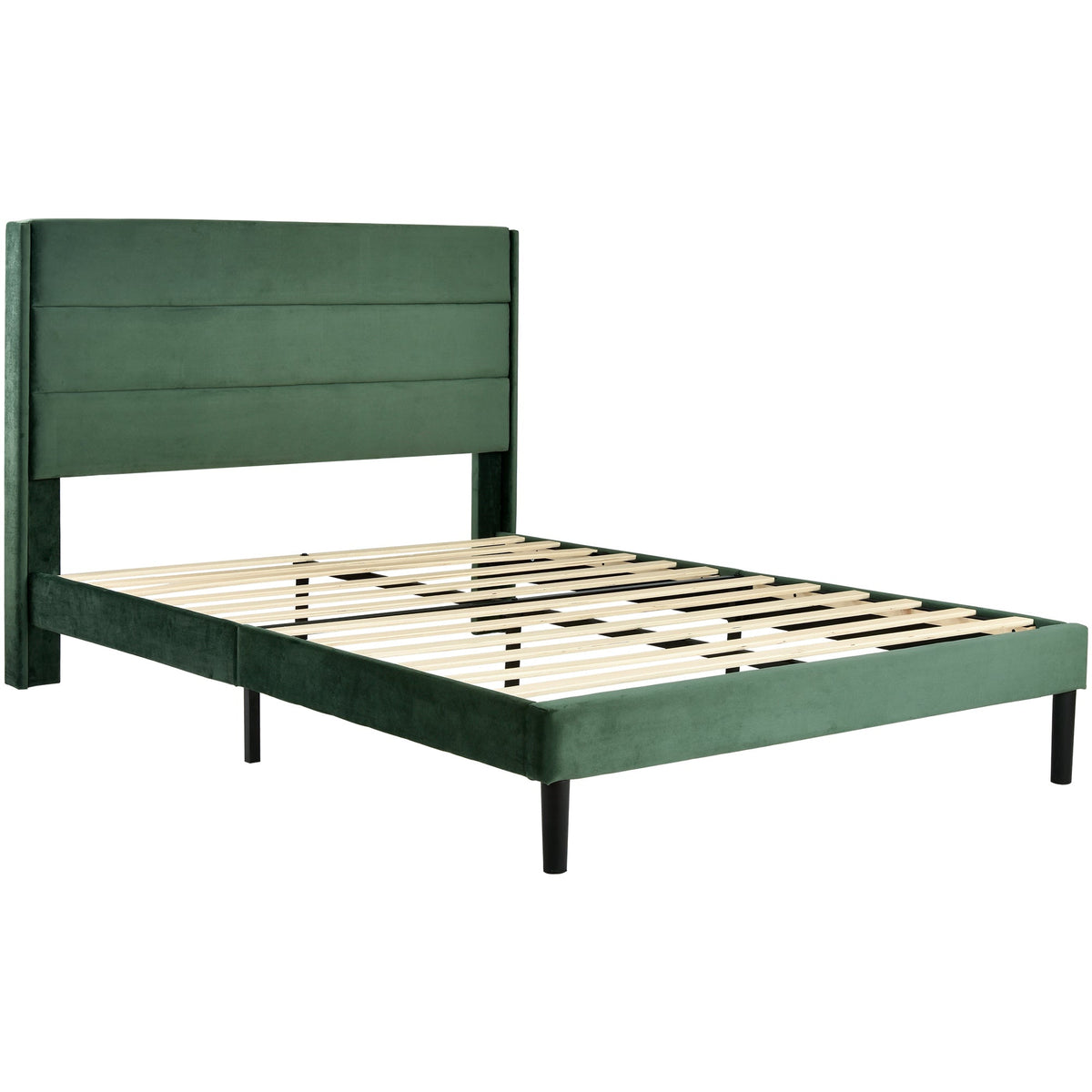 Upholstered Bed 140x200cm with Slatted Frame & Headboard, Velvet Dark Green