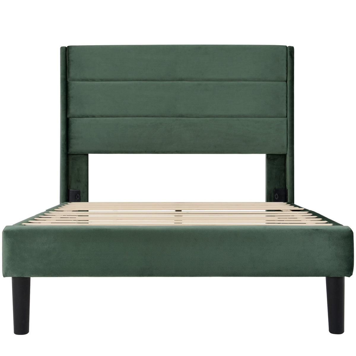Upholstered Bed, 90 x 200 cm, Slatted Frame & Headboard, Velvet Dark Green