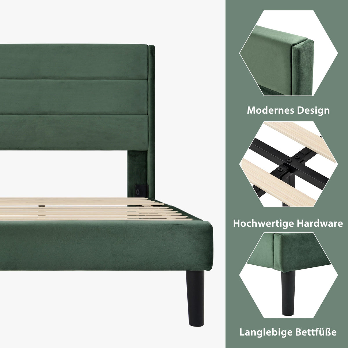 Upholstered Bed, 90 x 200 cm, Slatted Frame & Headboard, Velvet Dark Green