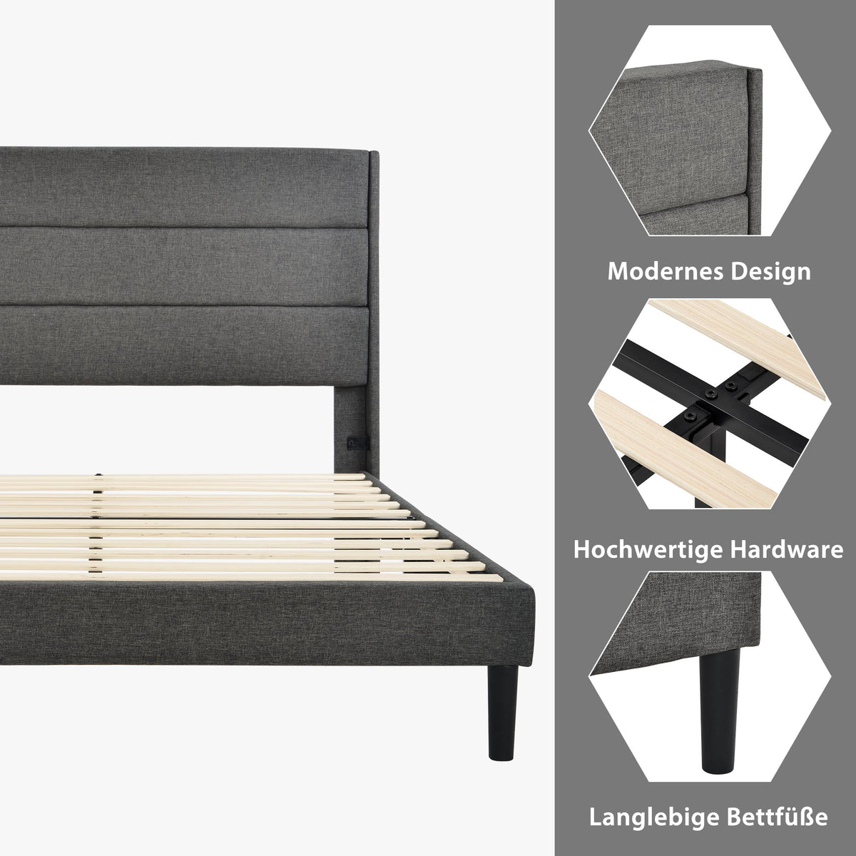 Upholstered Bed 140x200cm, with Slatted Frame & Headboard, Double Bed, Linen Dark Grey