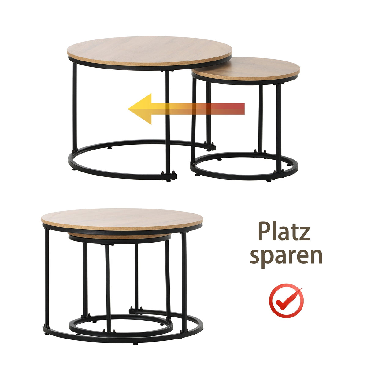 Round coffee table set of 2 nested side tables (oak)