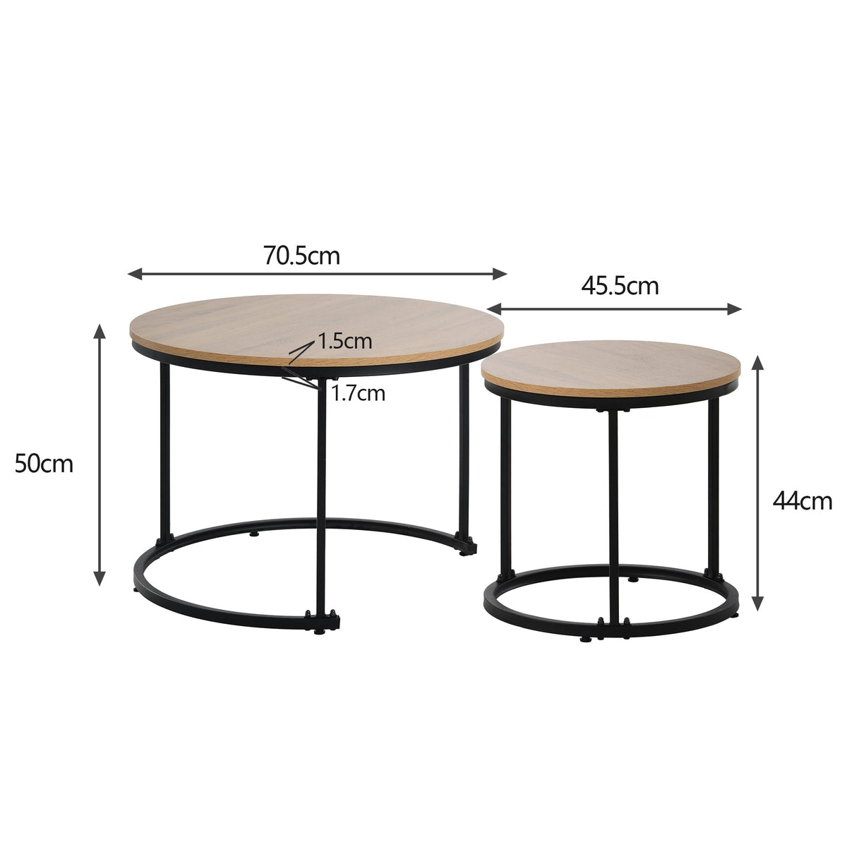 Round coffee table set of 2 nested side tables (oak)