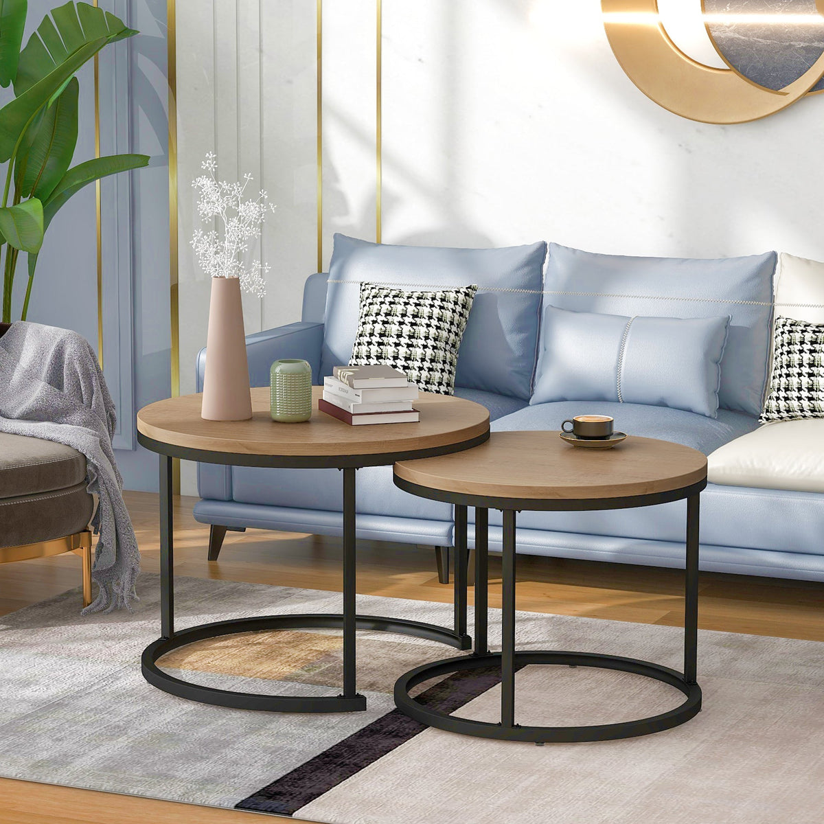 Round coffee table set of 2 nested side tables (oak)