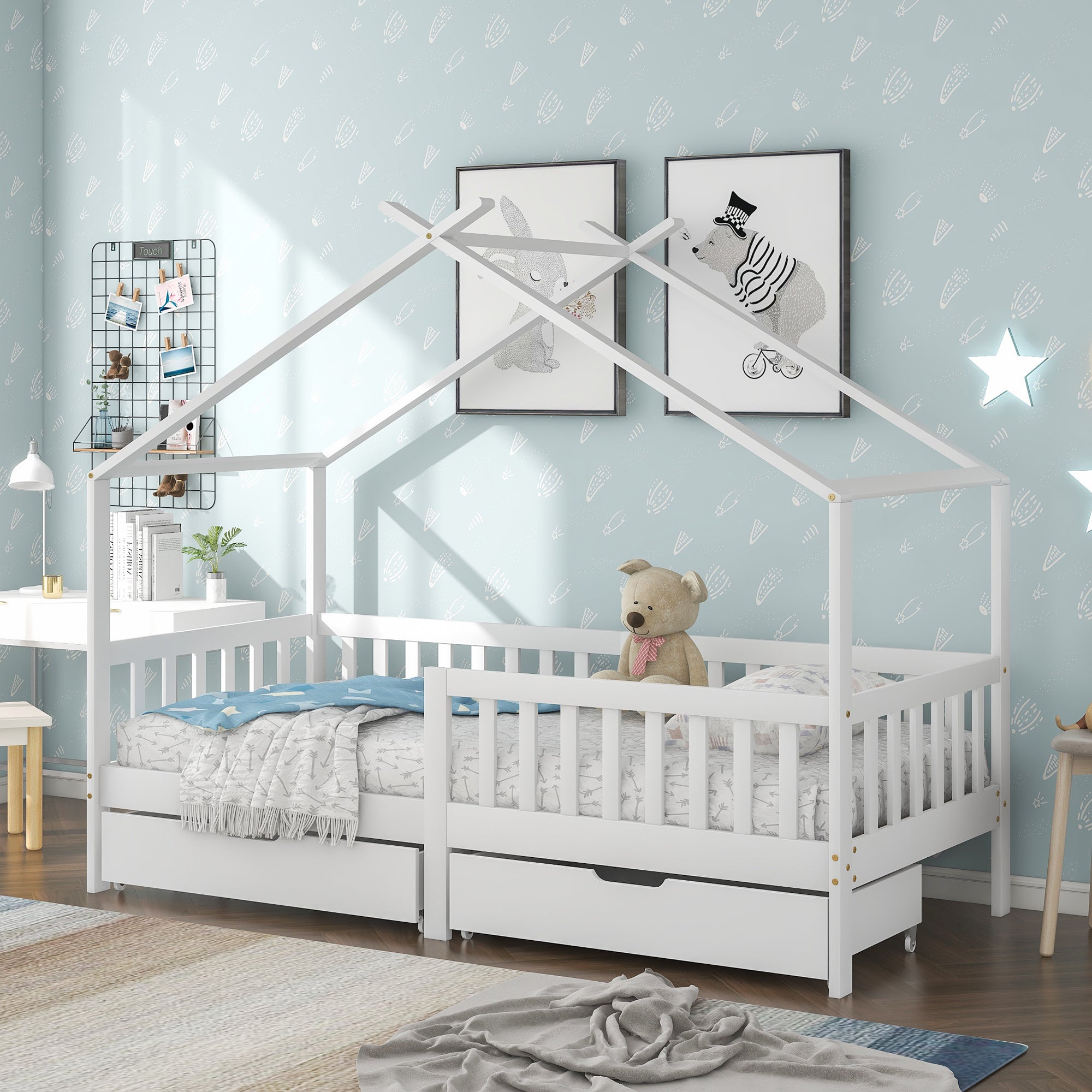 House Bed Children's, 2 Drawers Solid Wood Fence Fall Protection, White