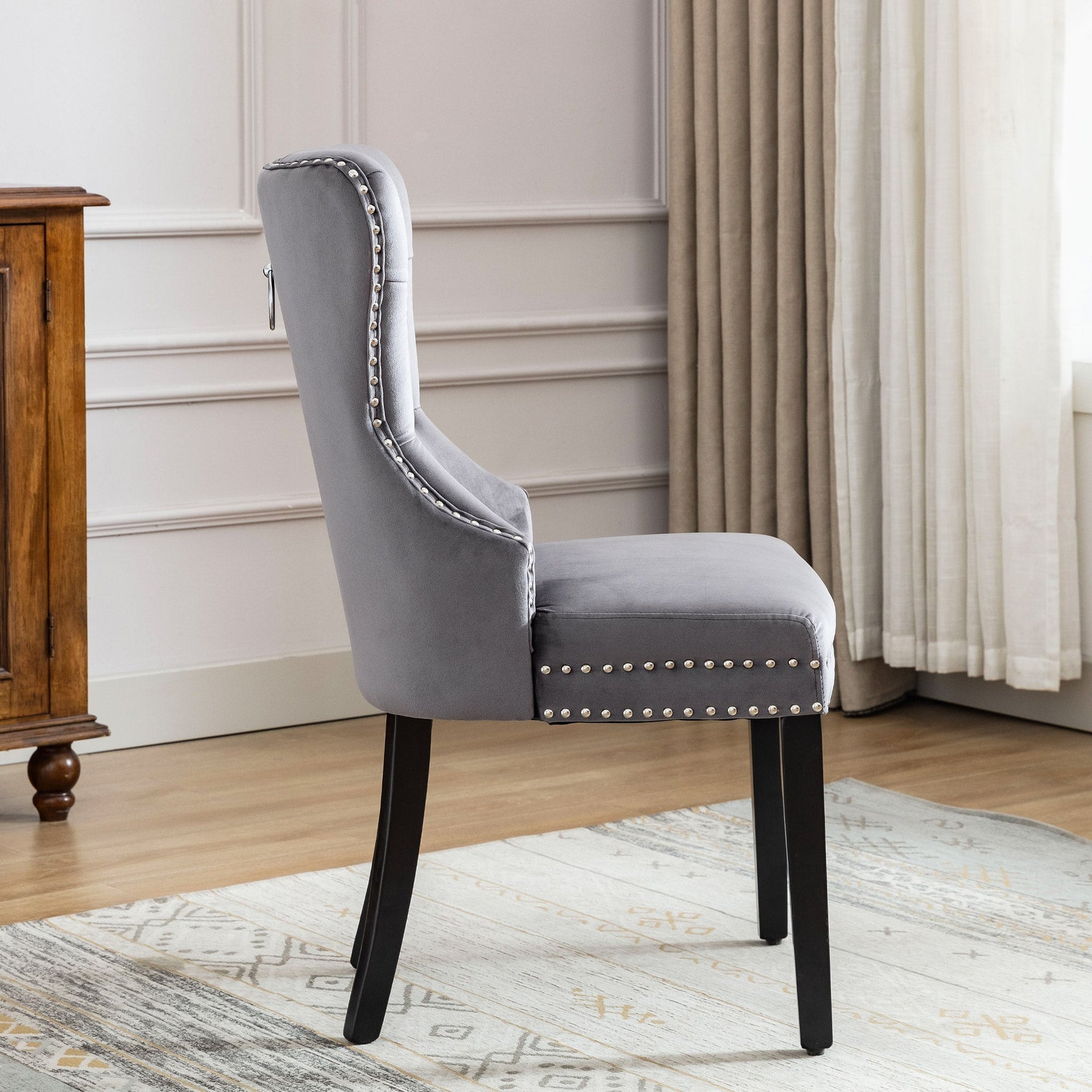 Velvet Dining Chairs Set of 6 with Oak Legs and Chrome Knocker, Grey Velvet