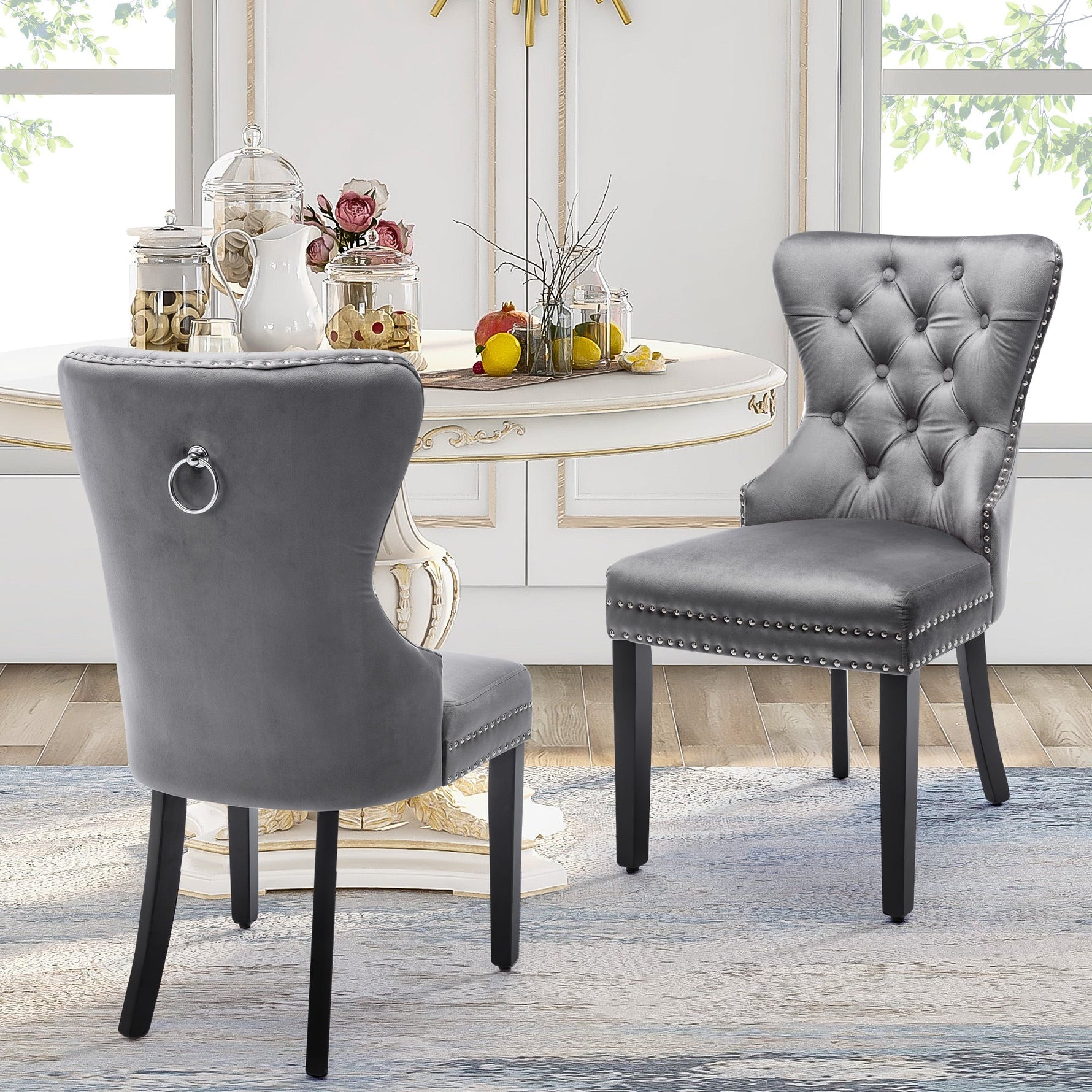 Velvet Dining Chairs Set of 6 with Oak Legs and Chrome Knocker, Grey Velvet