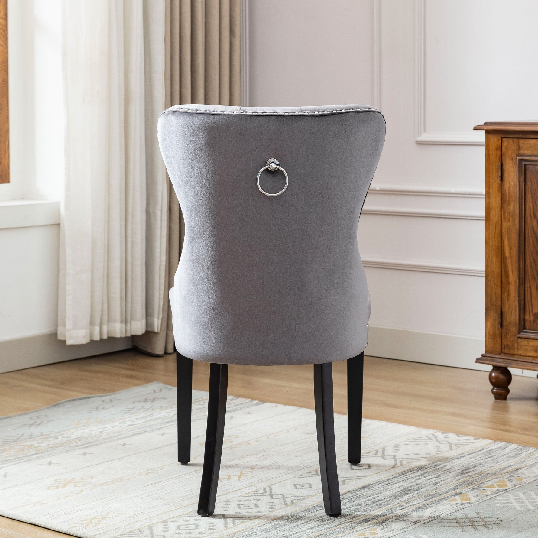 Velvet Dining Chairs Set of 6 with Oak Legs and Chrome Knocker, Grey Velvet