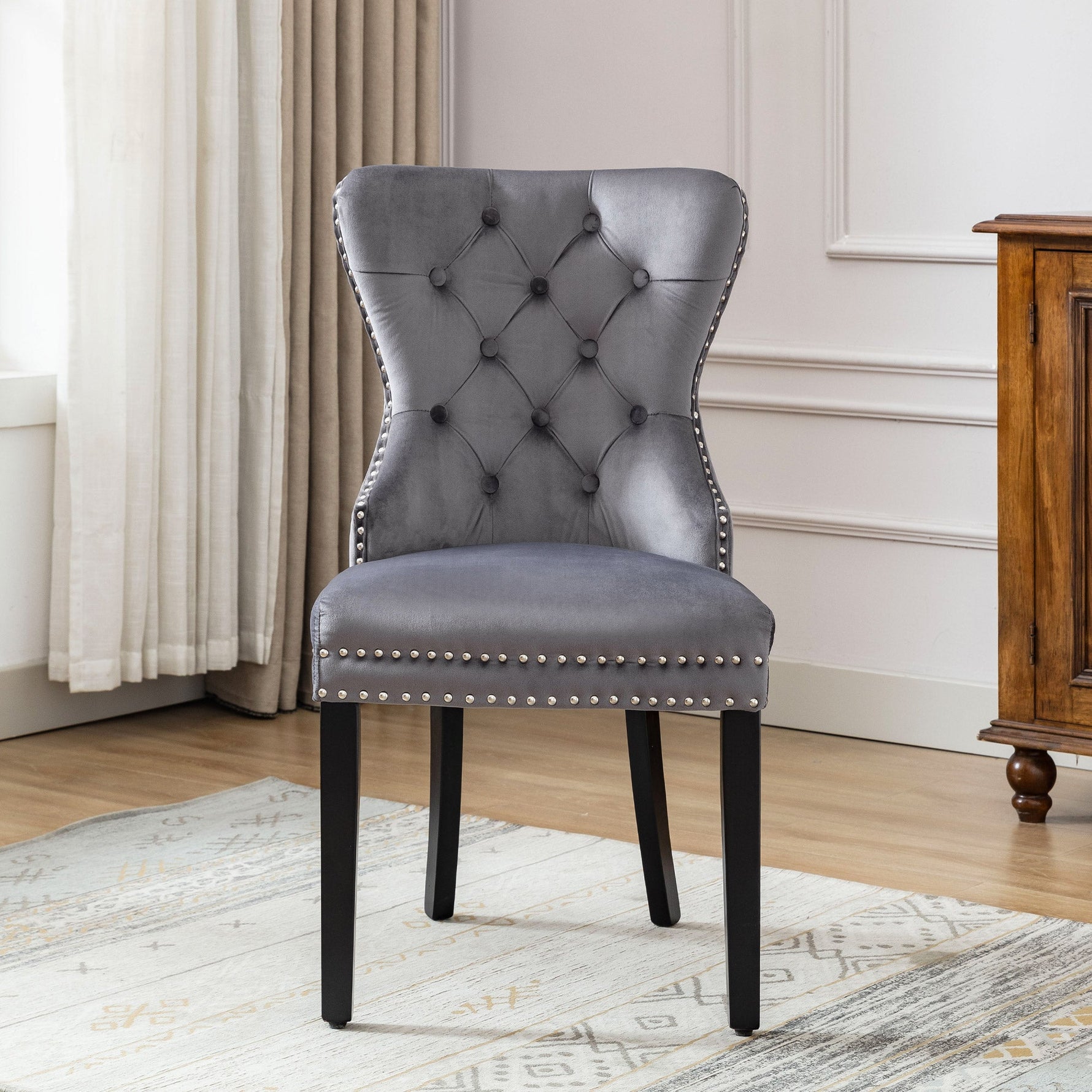 Velvet Dining Chairs, Set of 4, Oak Legs, Chrome Knocker, Nailhead Trim (Grey)