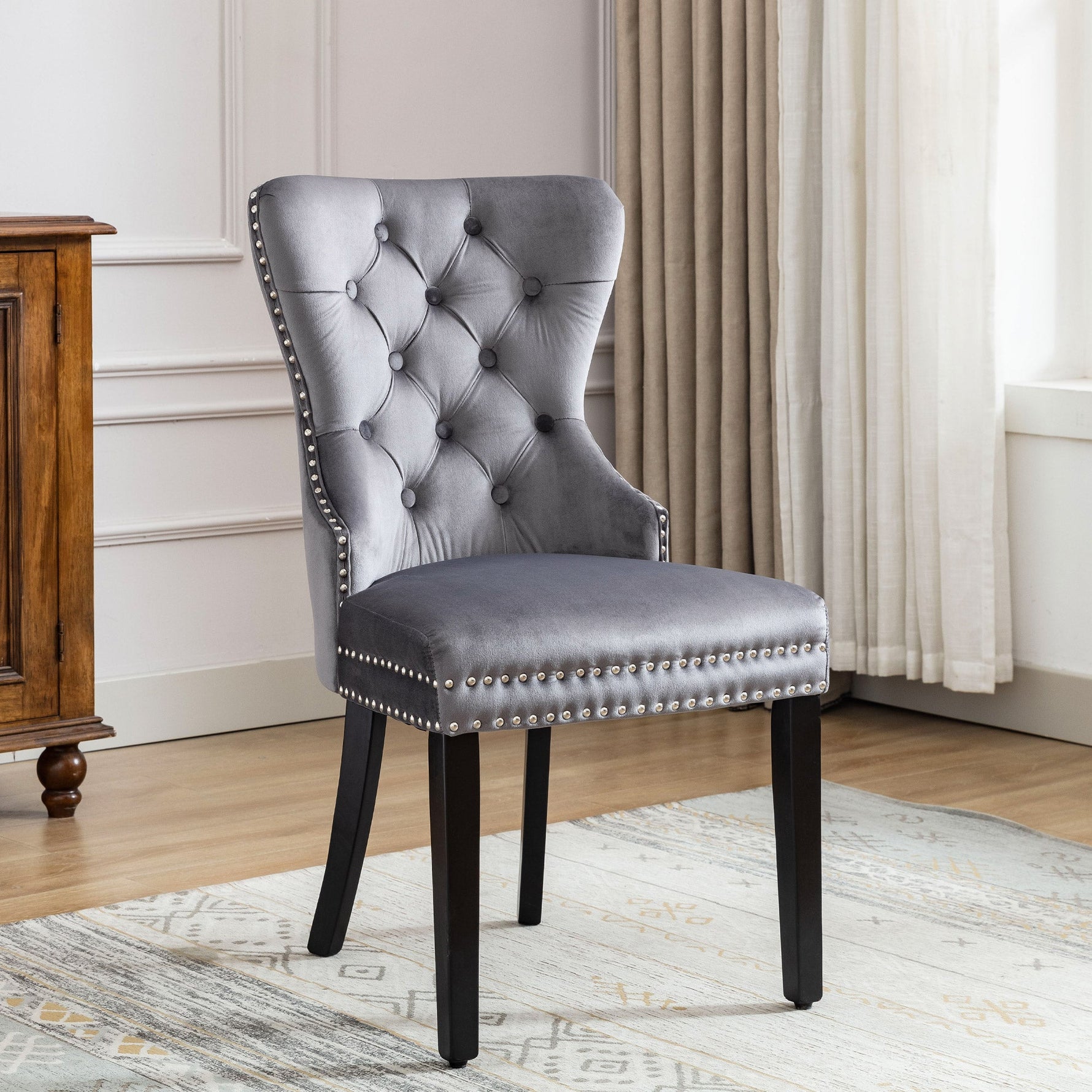 Velvet Dining Chairs, Set of 4, Oak Legs, Chrome Knocker, Nailhead Trim (Grey)