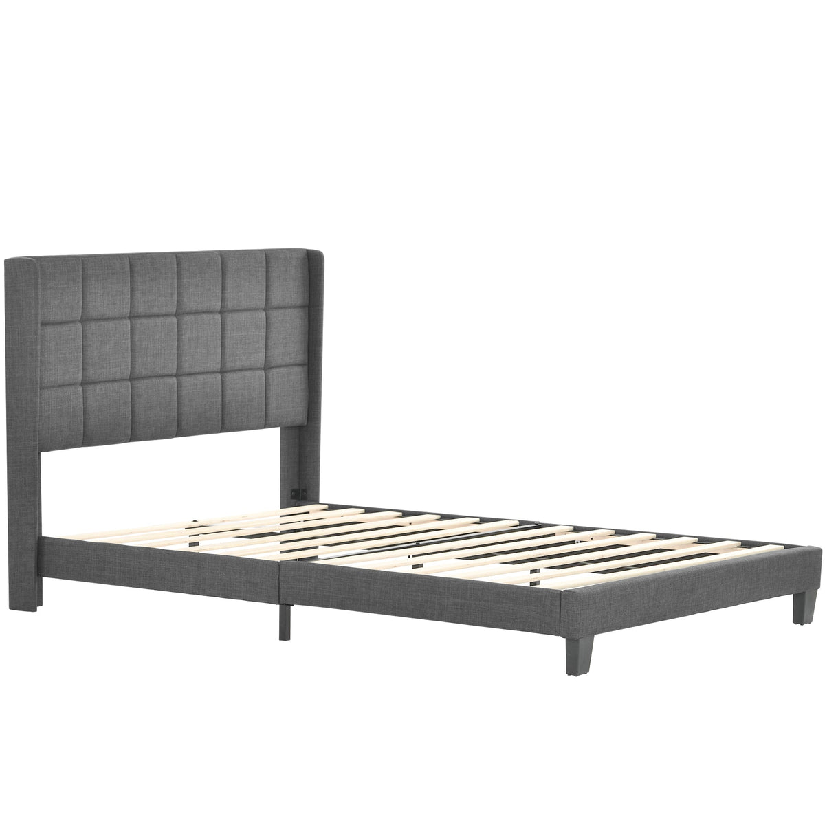 Upholstered Bed, Double with Slatted Frame, 140x200cm, Grey Linen (with Spring Mattress)