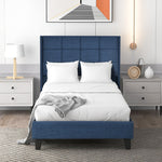 Upholstered bed with headboard, single, 90x200cm, with spring mattress, blue linen