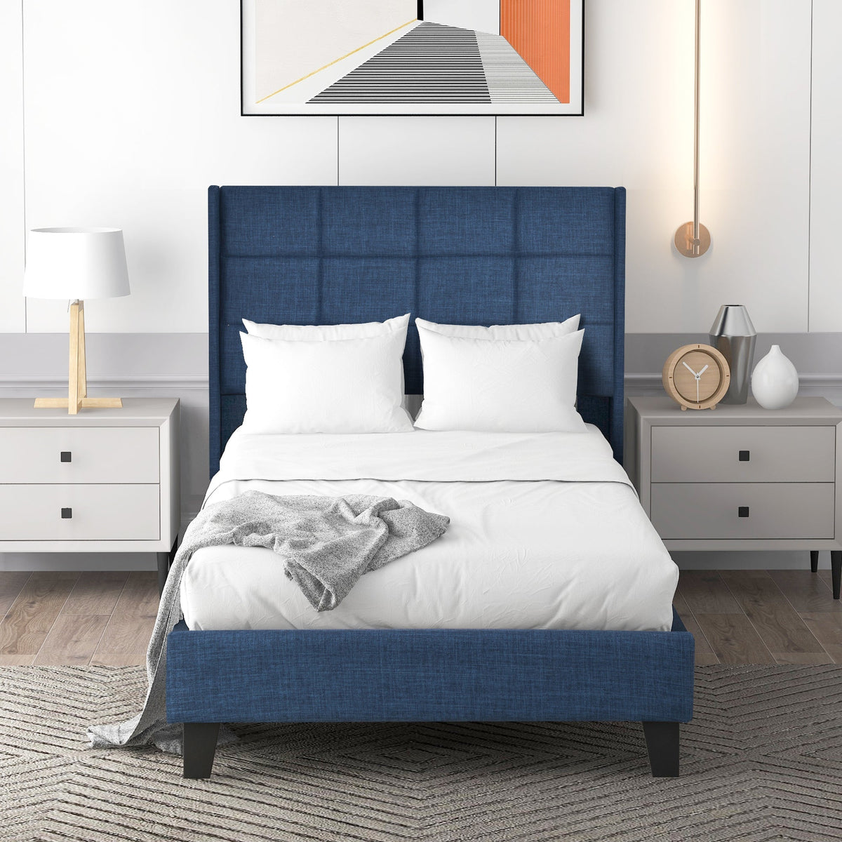 Upholstered bed with headboard, single, 90x200cm, with spring mattress, blue linen