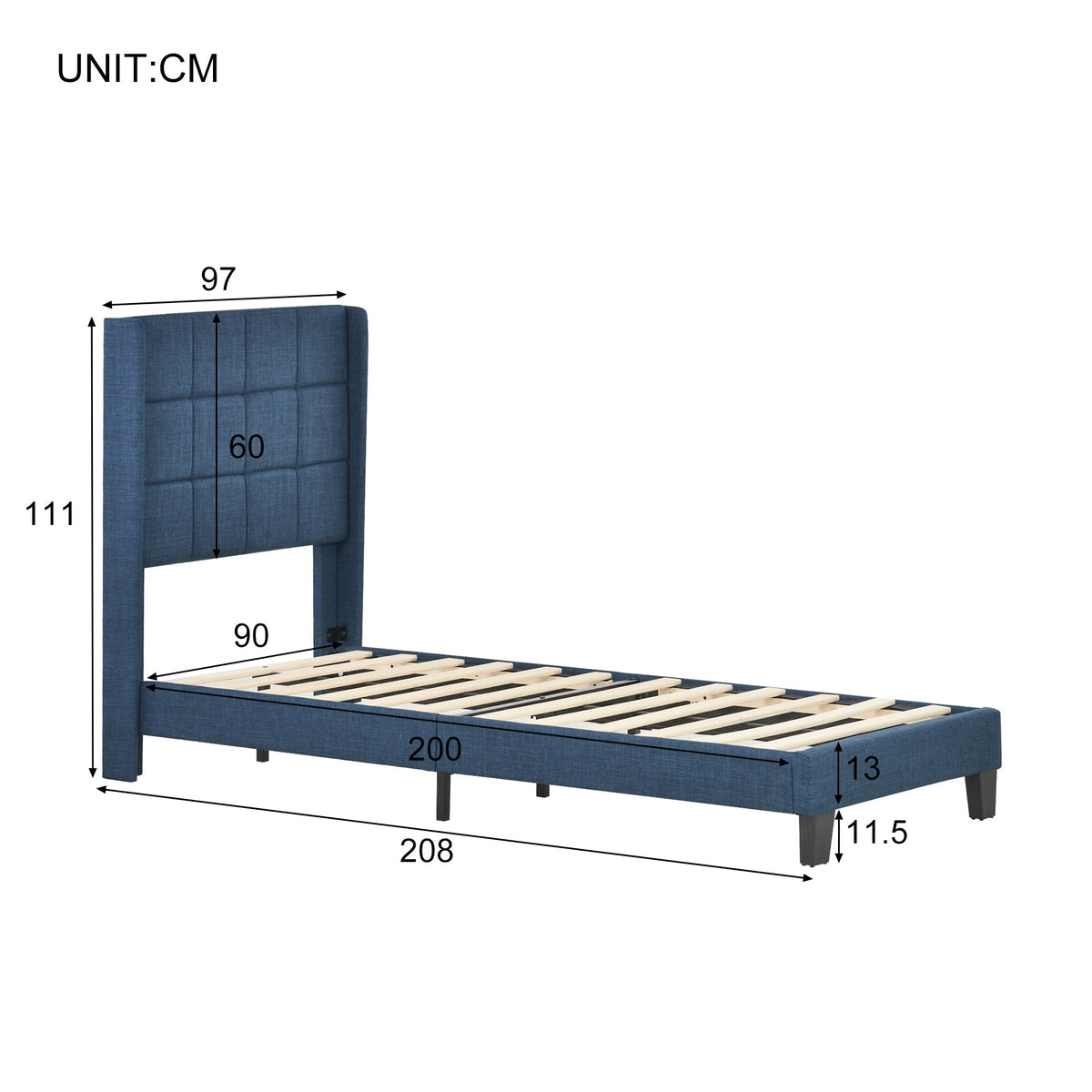 Upholstered bed with headboard, single, 90x200cm, with spring mattress, blue linen