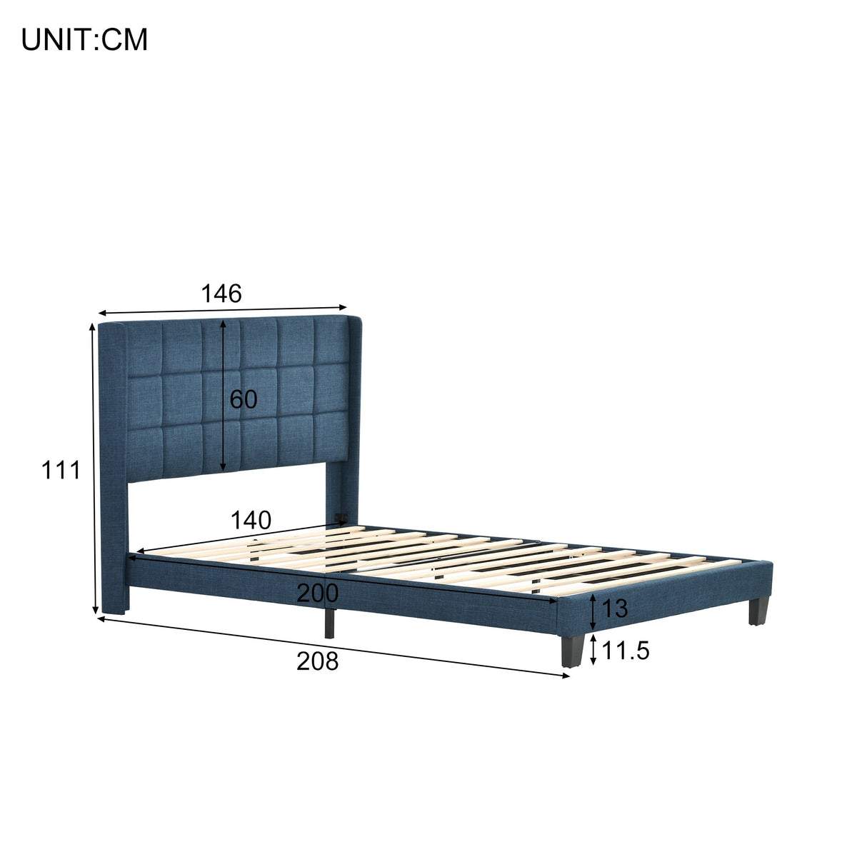 Upholstered Bed with Headboard, 140x200cm, Blue Linen