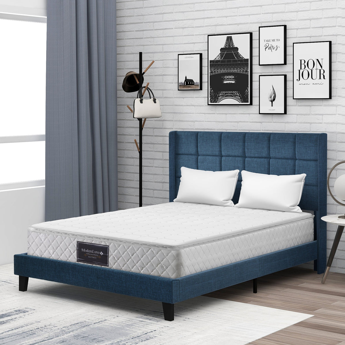 Upholstered Bed with Headboard, 140x200cm, Blue Linen