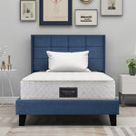 Upholstered bed with headboard, single, 90x200cm, with spring mattress, blue linen