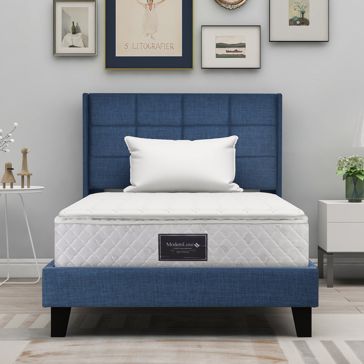 Upholstered bed with headboard, single, 90x200cm, with spring mattress, blue linen