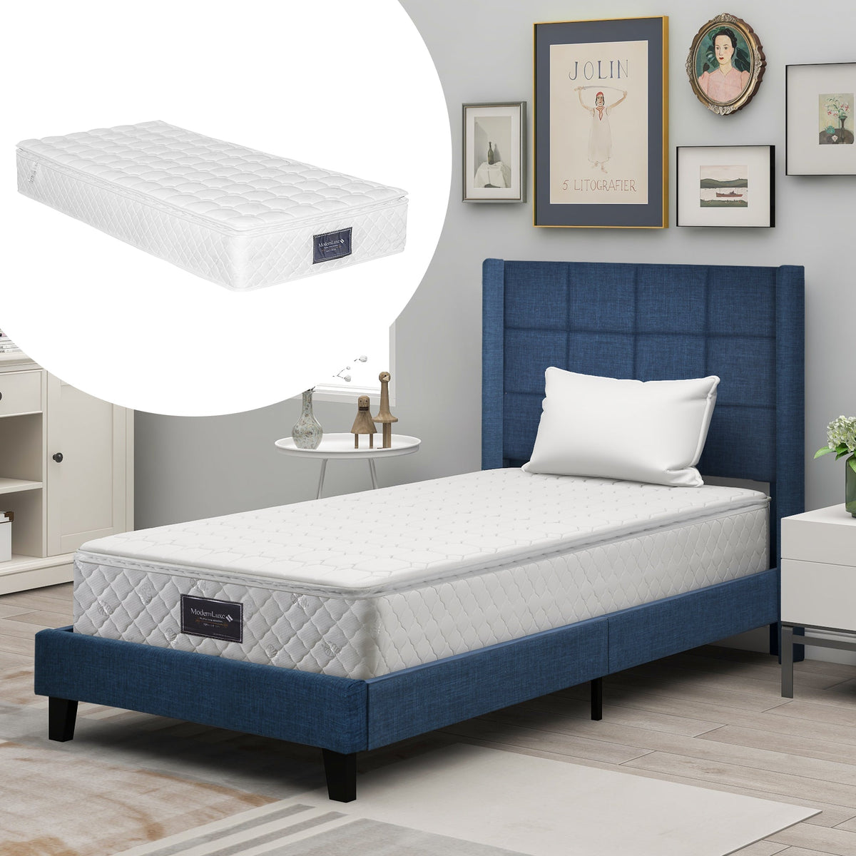 Upholstered bed with headboard, single, 90x200cm, with spring mattress, blue linen