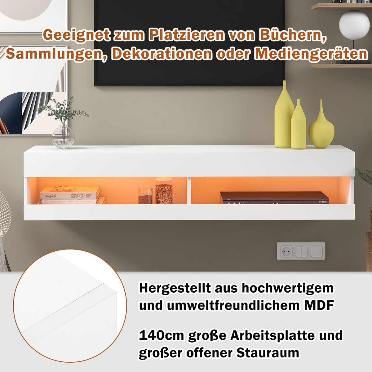 LED TV Cabinet, Lowboard with LED Lighting & Storage, White