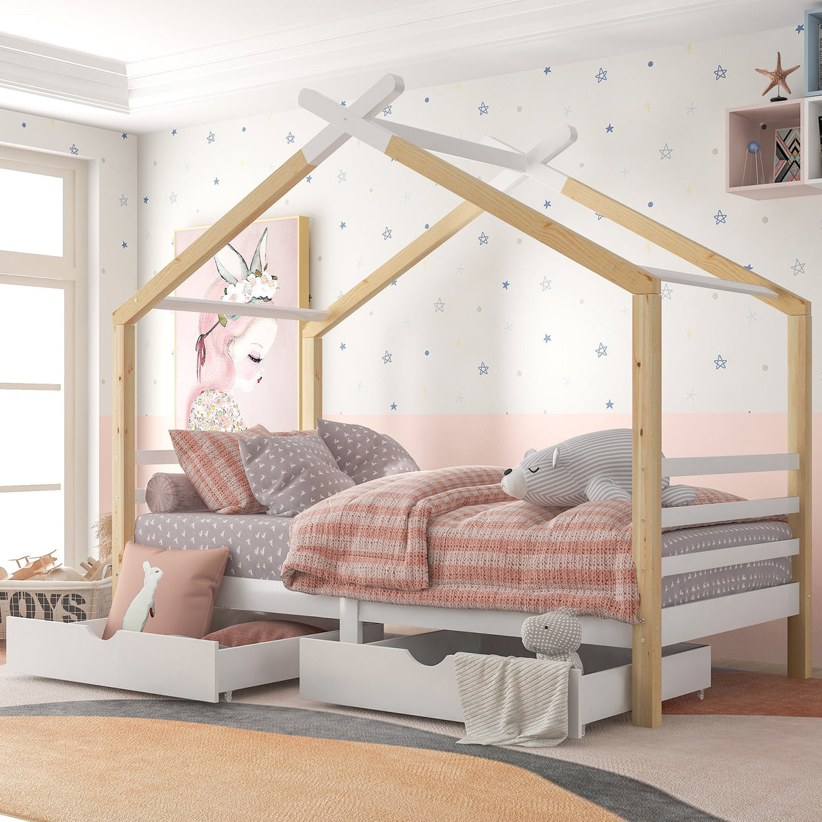 Children's Bed House Bed with Drawers, Solid Pine Wood, White + Wood Color