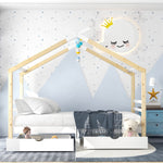 Children's Bed House Bed with Drawers, Solid Pine Wood, White + Wood Color