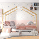 Children's Bed House Bed with Drawers, Solid Pine Wood, White + Wood Color