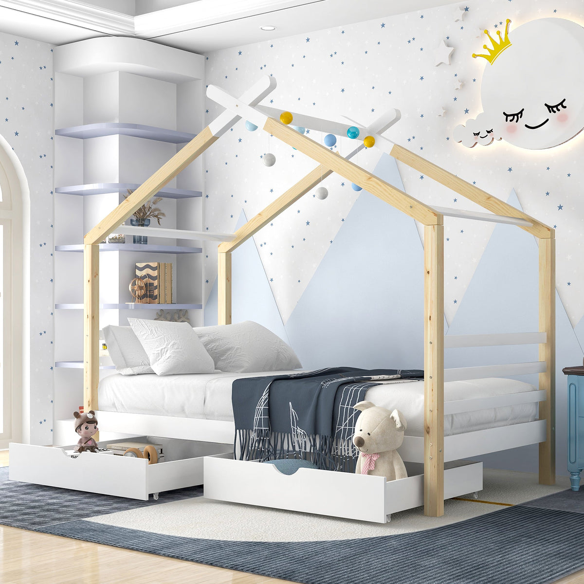 Children's Bed House Bed with Drawers, Solid Pine Wood, White + Wood Color
