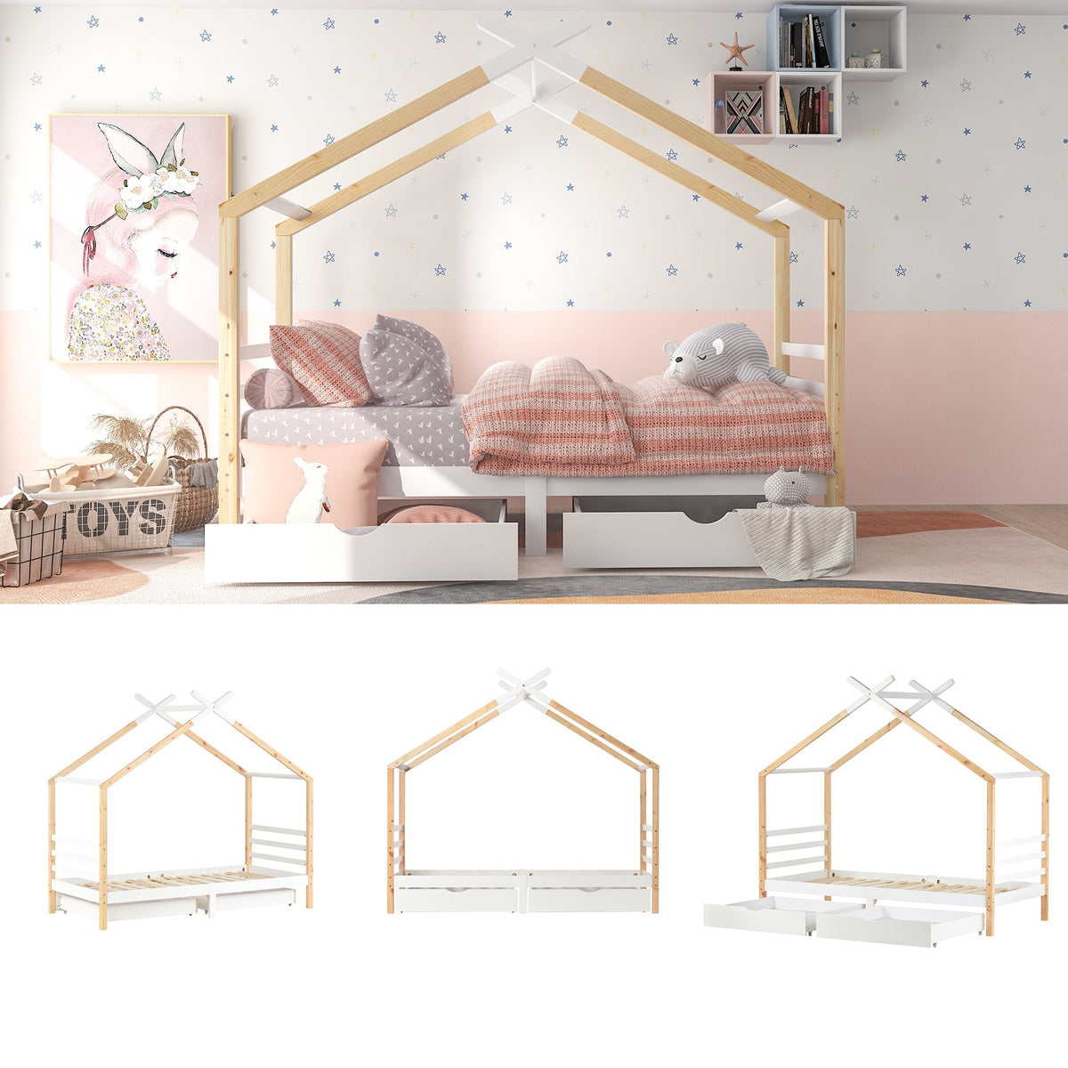 Children's Bed House Bed with Drawers, Solid Pine Wood, White + Wood Color