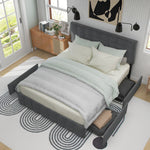 Upholstered Bed 140x200cm Storage, 4 Drawers, Adjustable Headboard, Linen Grey