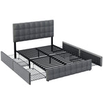 Upholstered Bed with 4 Drawers, Innerspring Mattress, Grey Linen
