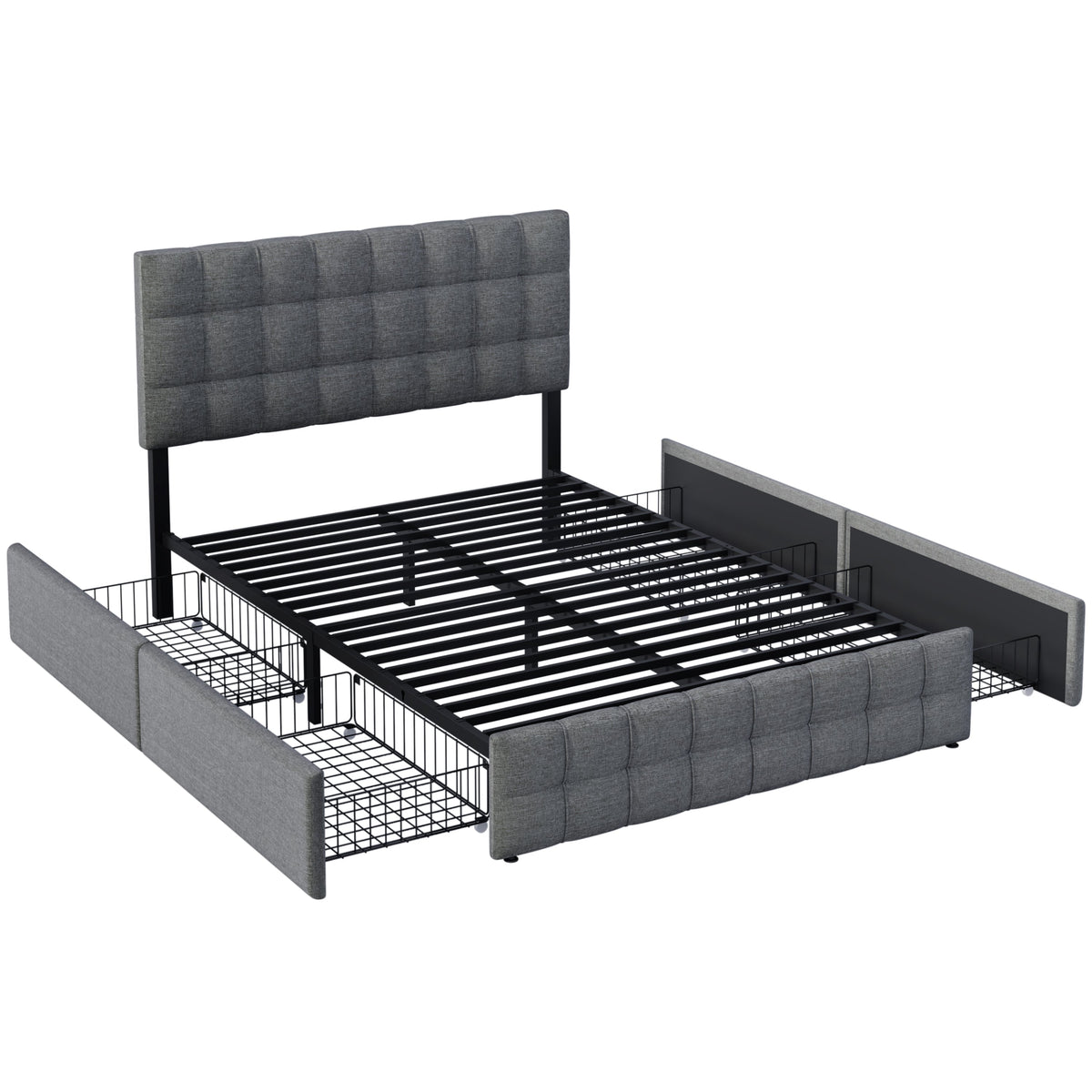 Upholstered Bed with 4 Drawers, Innerspring Mattress, Grey Linen