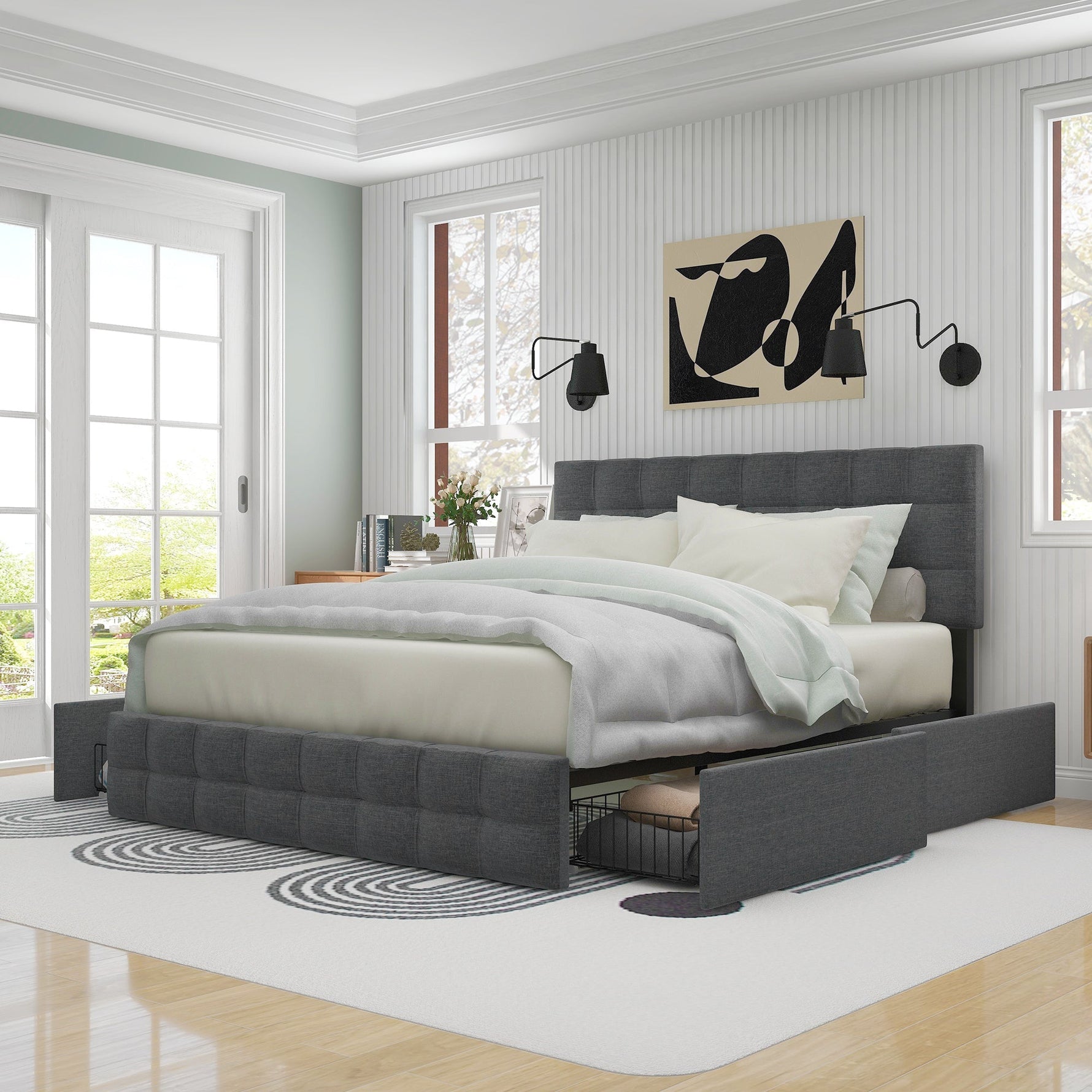 Upholstered Bed 140x200cm Storage, 4 Drawers, Adjustable Headboard, Linen Grey
