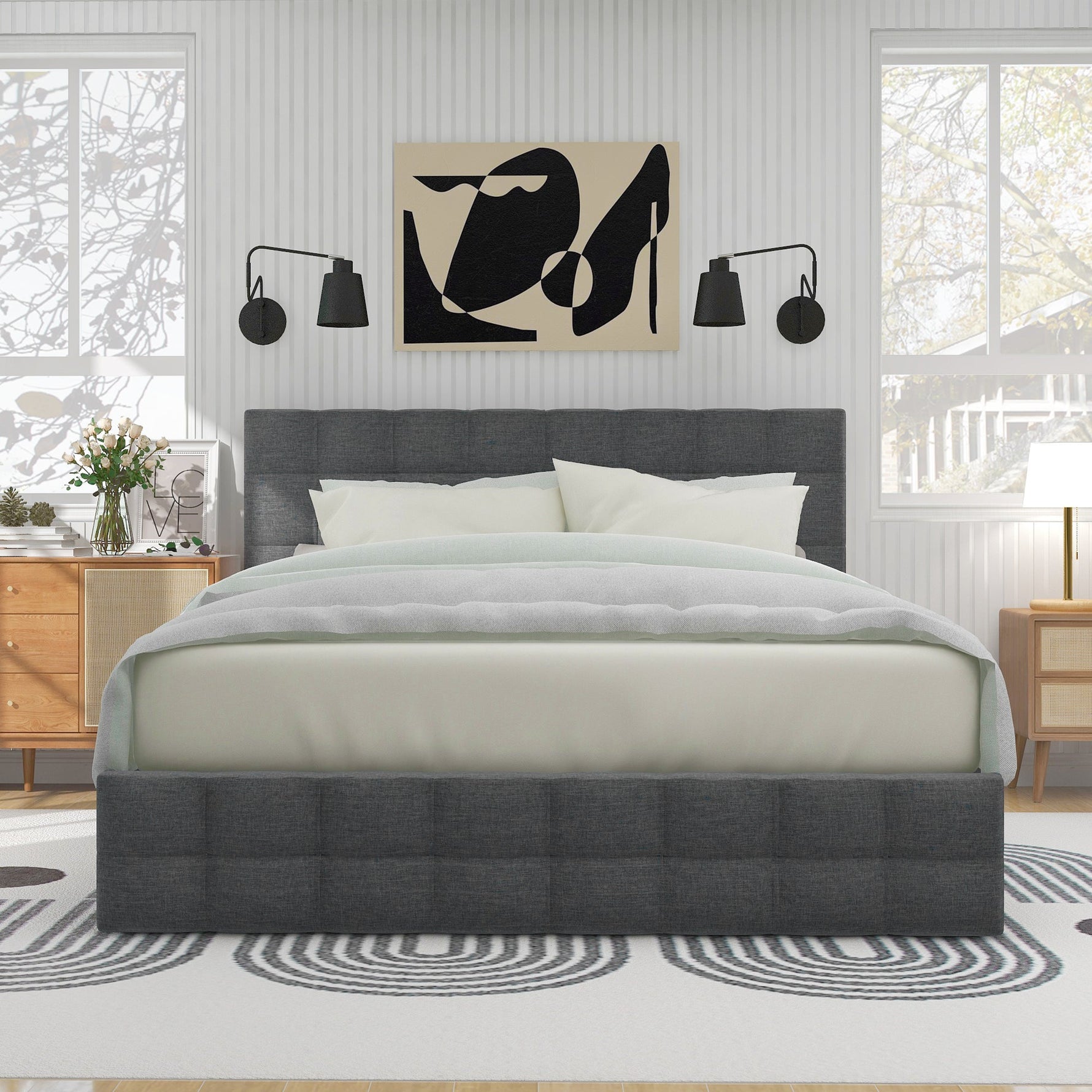 Upholstered Bed 140x200cm Storage, 4 Drawers, Adjustable Headboard, Linen Grey