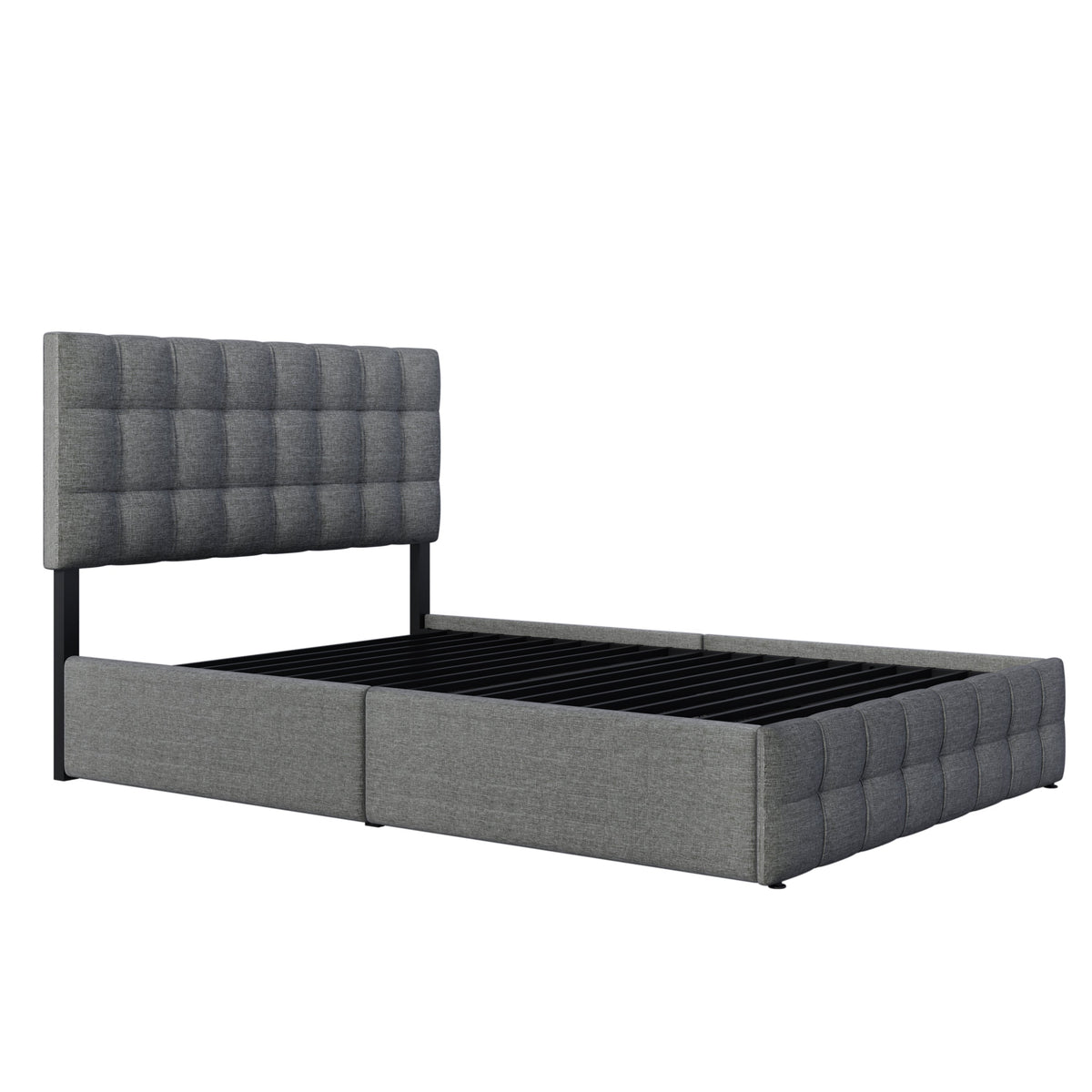 Upholstered Bed with 4 Drawers, Innerspring Mattress, Grey Linen