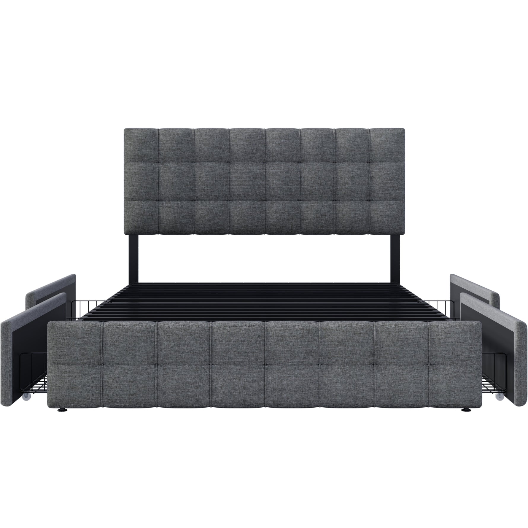Upholstered Bed 140x200cm Storage, 4 Drawers, Adjustable Headboard, Linen Grey